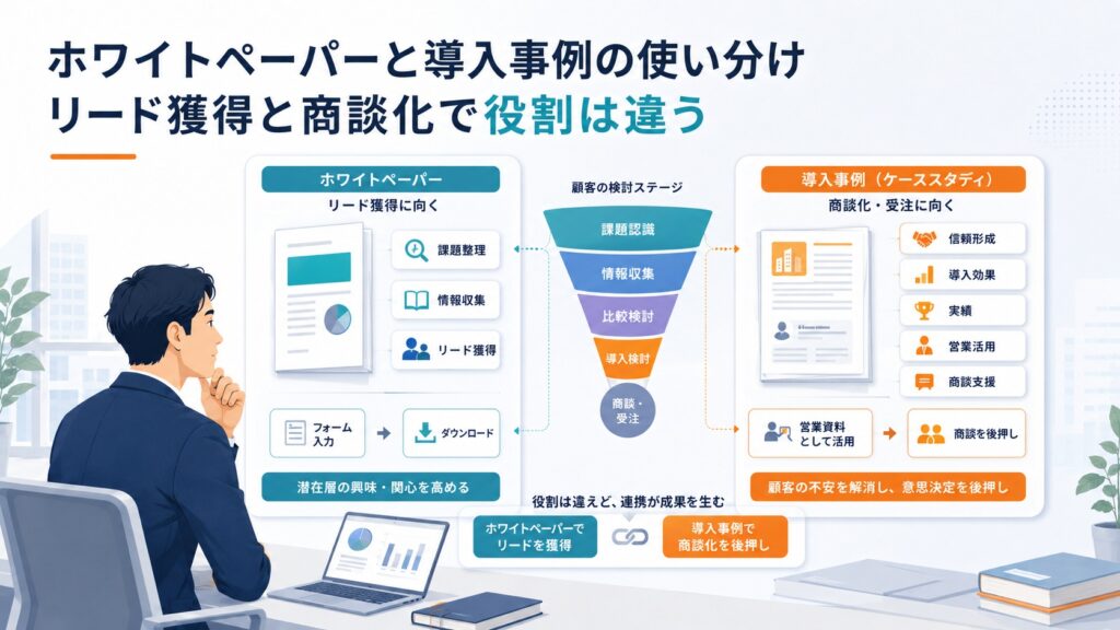 ホワイトペーパーと導入事例の使い分け｜リード獲得と商談化で役割は違う