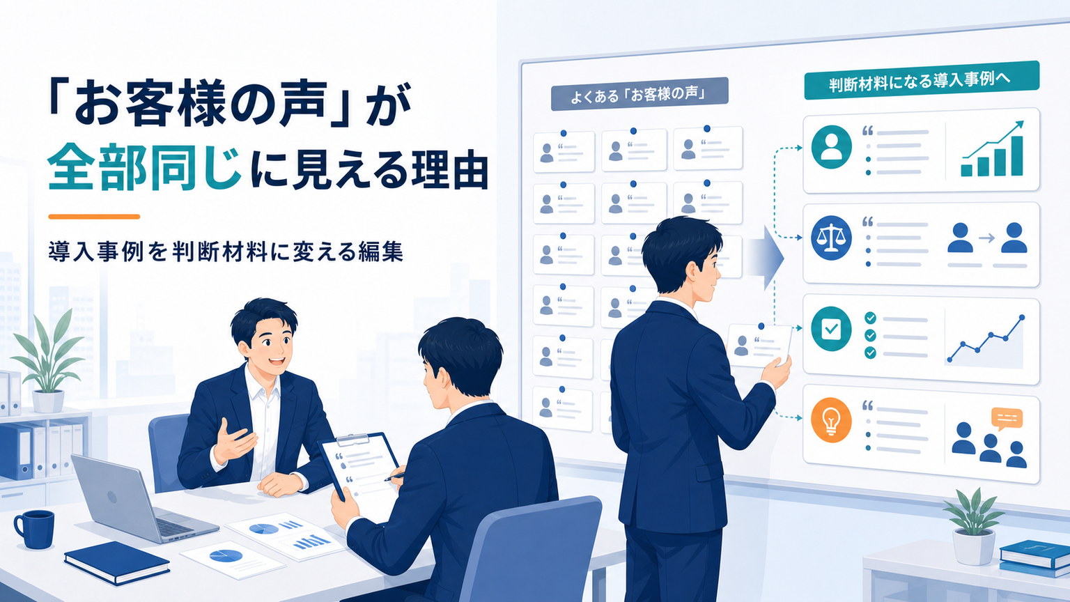 似たようなお客様の声が並ぶ中で、本音のメモが見えているイメージ