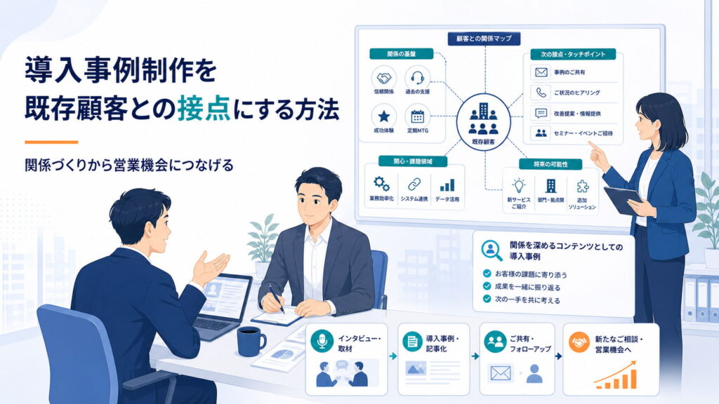 導入事例制作を既存顧客との接点にする方法を示すarcX風イラスト