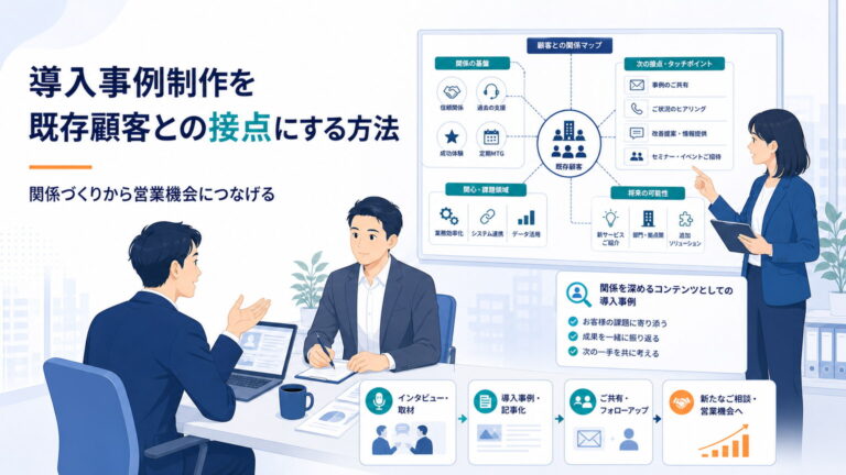導入事例制作を既存顧客との接点にする方法を示すarcX風イラスト