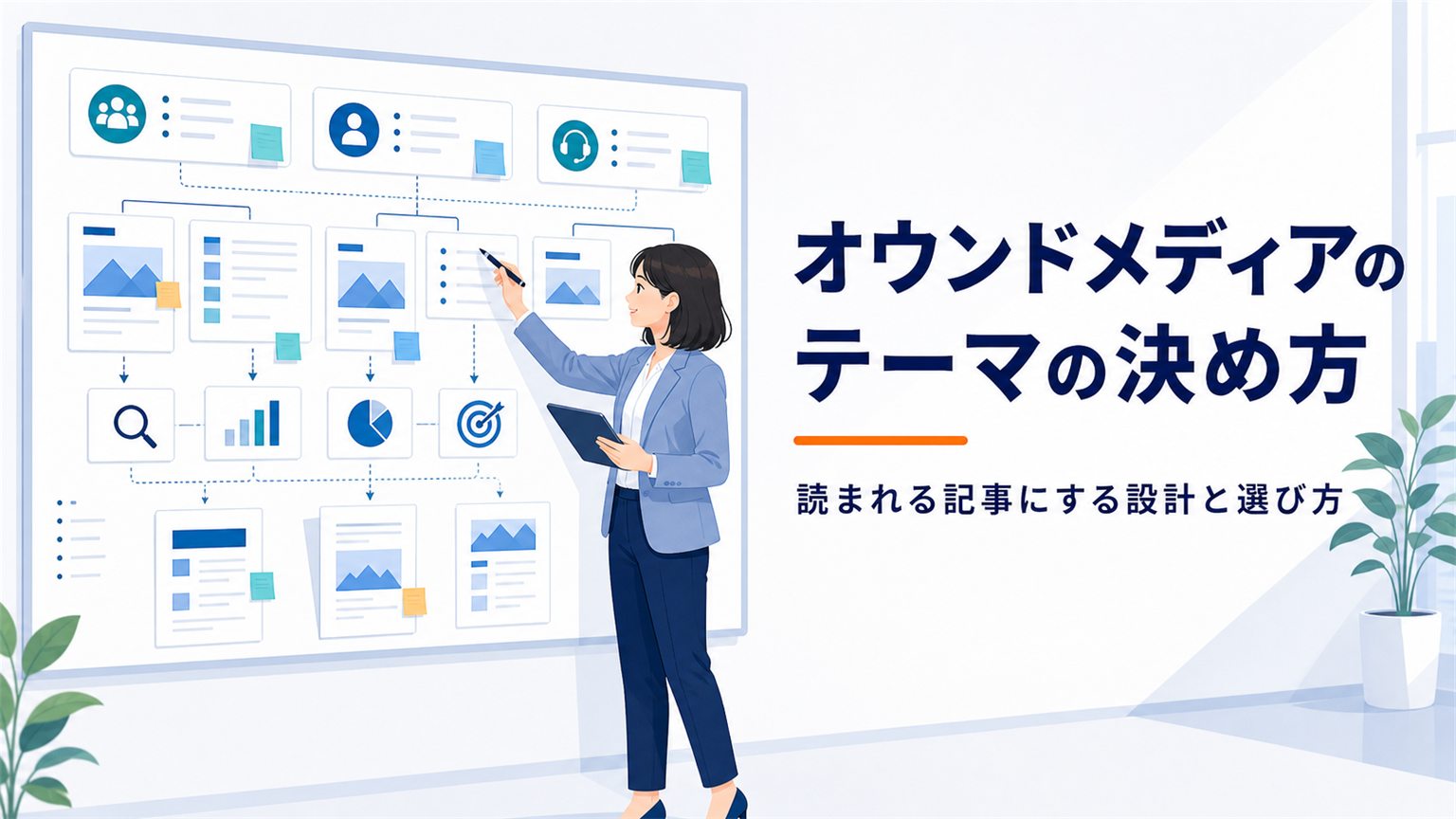 オウンドメディアの記事テーマをボードで整理する企画担当者のイメージ