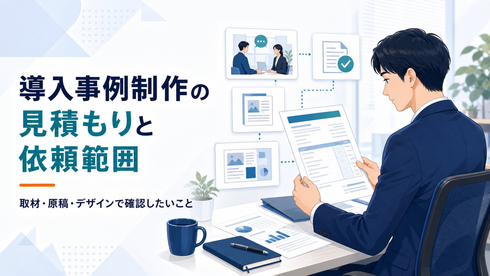 導入事例制作の見積もりと依頼範囲を確認する様子を示すイラスト
