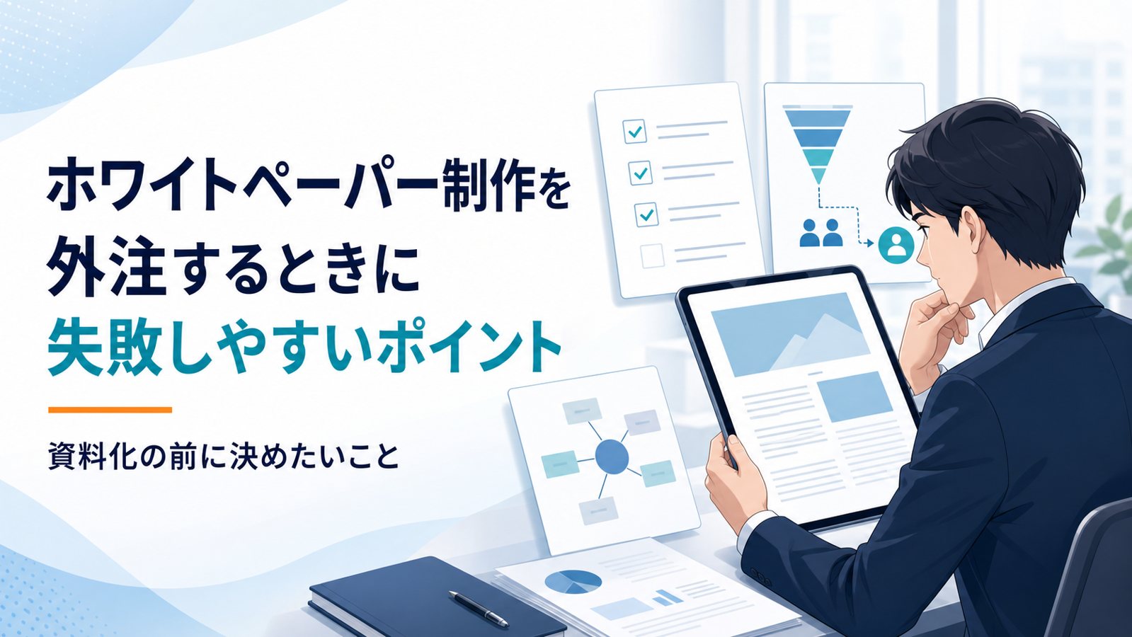 ホワイトペーパー制作を外注するときに失敗しやすいポイントを確認する様子を示すイラスト