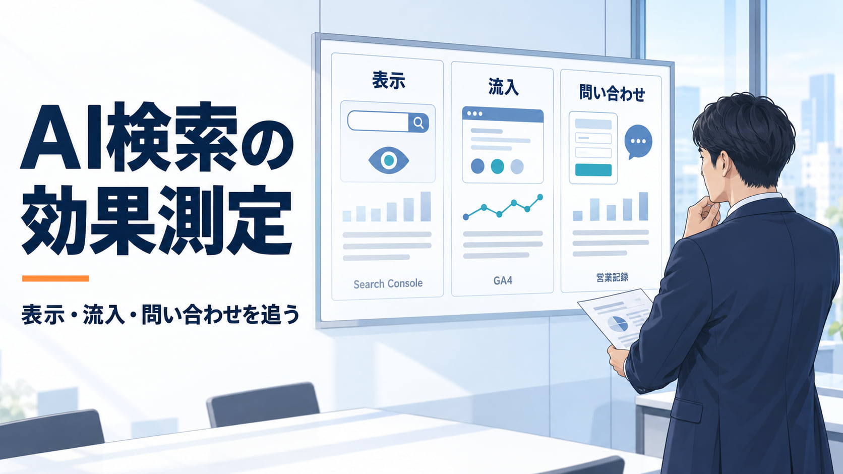 AI検索の効果測定。表示、流入、問い合わせの記録を照合する担当者のイメージ。
