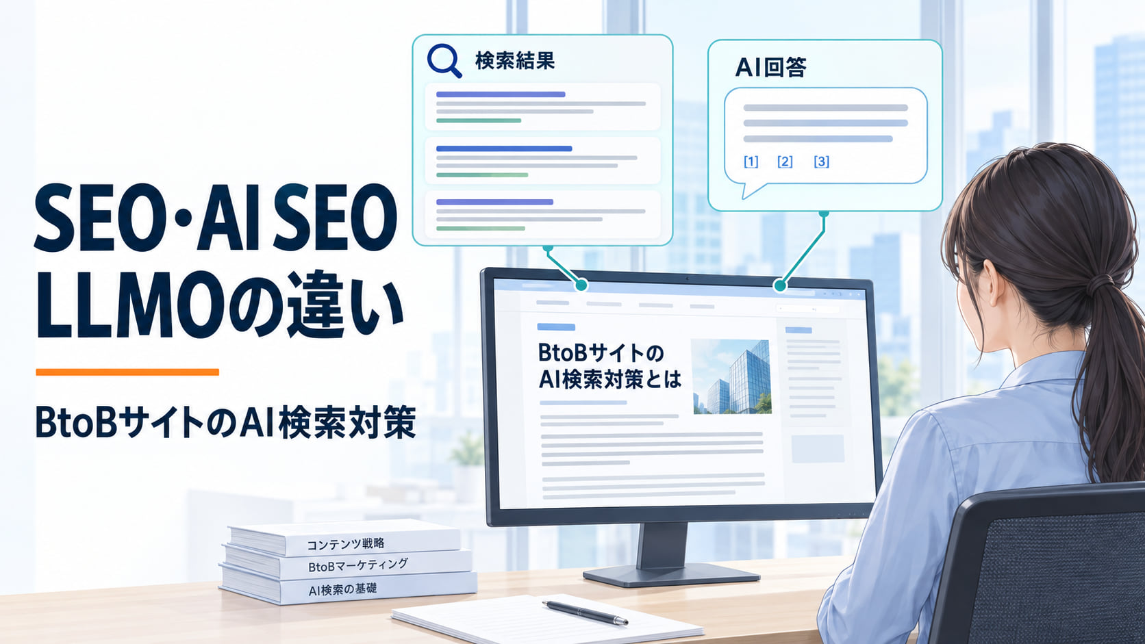 SEO・AI SEO・LLMOの違い。企業の記事と検索結果・AI回答の関係を描いたイメージ。
