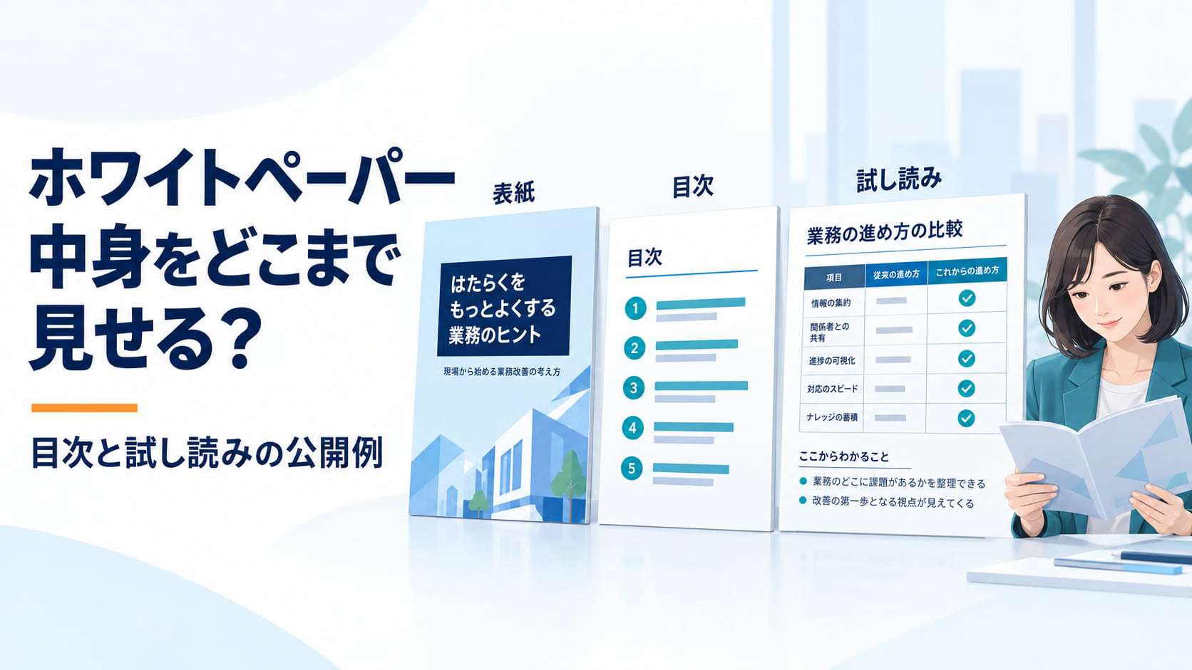 ホワイトペーパーの表紙、目次、試し読みを並べた誌面イメージ。